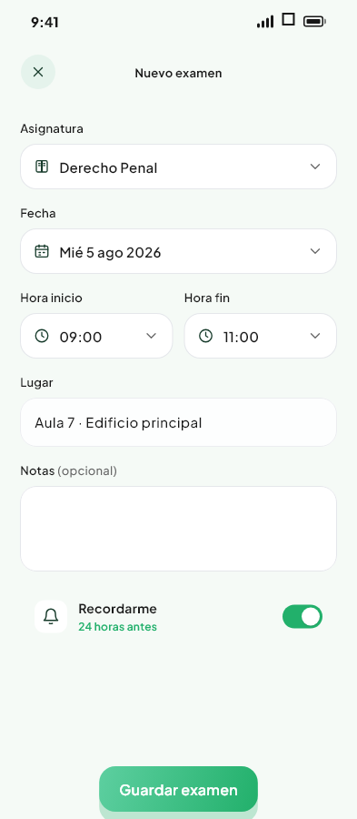 Pantalla de Crear examen del módulo Calendario de Valdeza