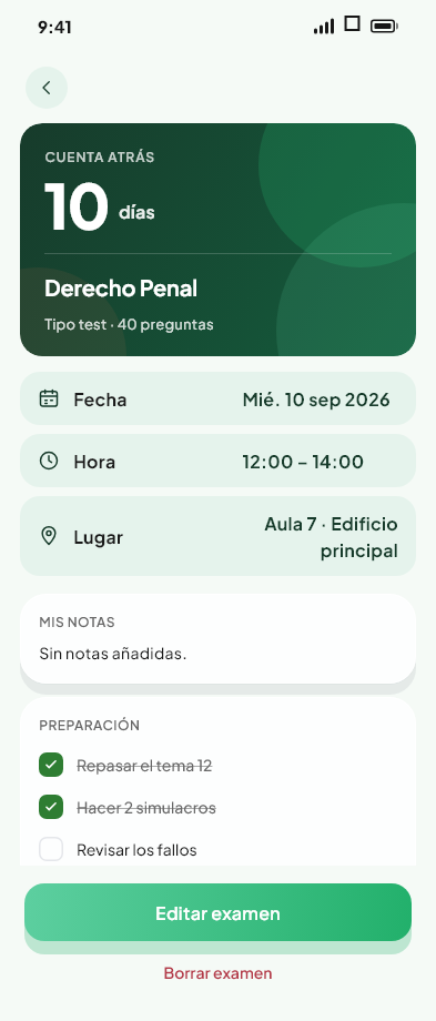 Pantalla de Detalle del examen del módulo Calendario de Valdeza