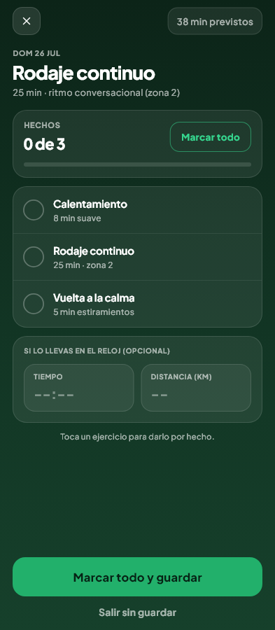 Pantalla de Día de correr del módulo Físico de Valdeza
