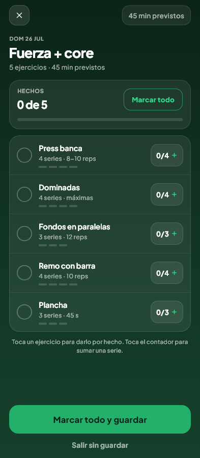 Pantalla de Entreno del día del módulo Físico de Valdeza