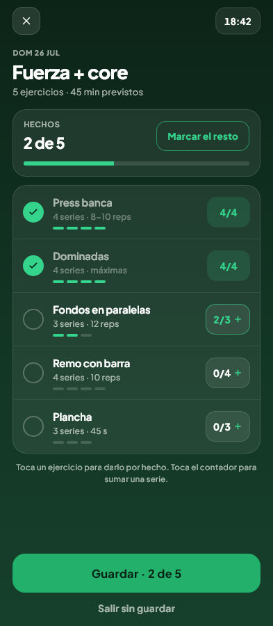 Pantalla de Marcando lo hecho del módulo Físico de Valdeza