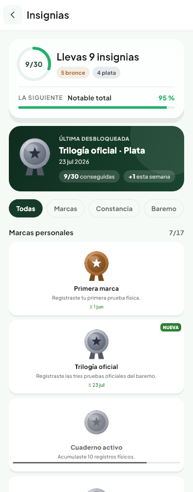 Pantalla de Progreso y logros del módulo Físico de Valdeza