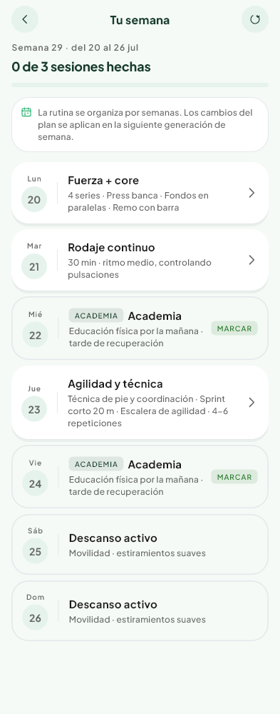 Pantalla de Rutina semanal del módulo Físico de Valdeza