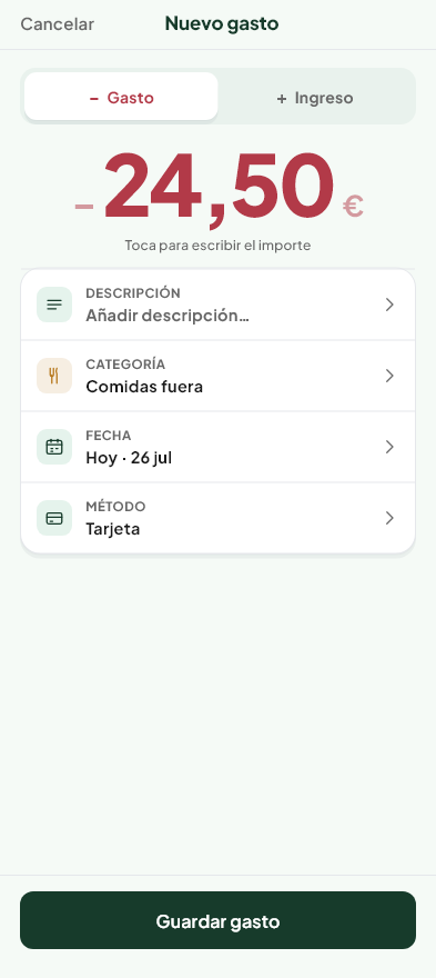Pantalla de Añadir gasto del módulo Gastos de Valdeza