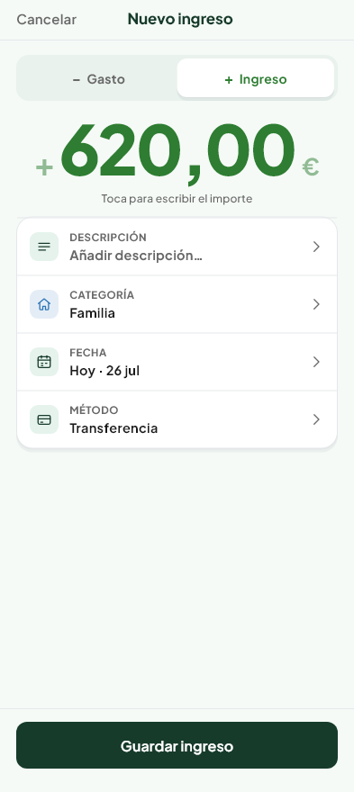 Pantalla de Registrar un ingreso del módulo Gastos de Valdeza