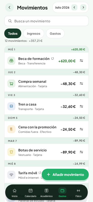 Pantalla de Movimientos del mes del módulo Gastos de Valdeza