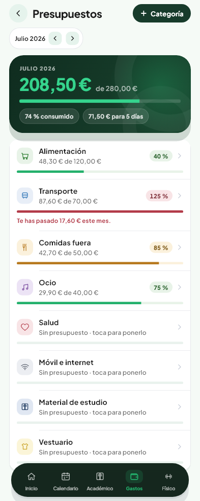 Pantalla de Presupuestos por categoría del módulo Gastos de Valdeza