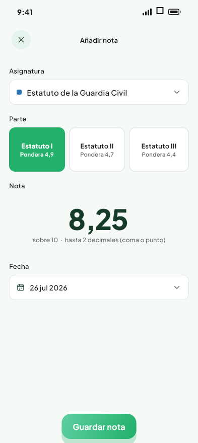 Pantalla de Añadir nota del módulo Notas de Valdeza