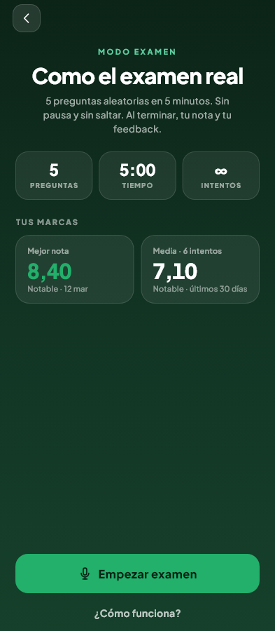 Pantalla de Simulacro 5×5 del módulo Speaking de Valdeza