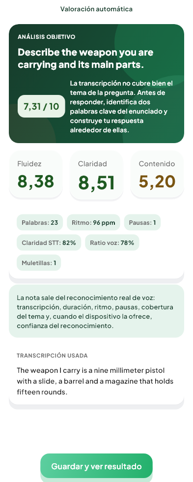 Pantalla de Evaluación orientativa del módulo Speaking de Valdeza
