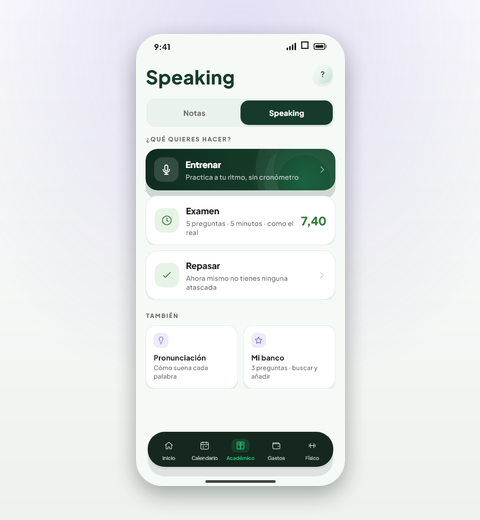 Vista del módulo Speaking en la app de Valdeza