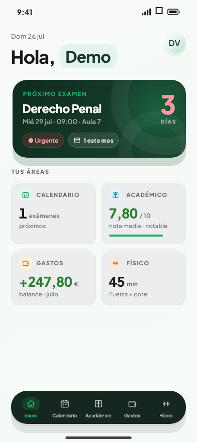 Pantalla de inicio de Valdeza: próximo examen, media del expediente, balance del mes y entrenamiento de hoy