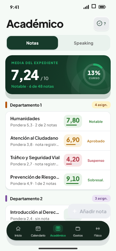 Pantalla principal del módulo Notas de Valdeza