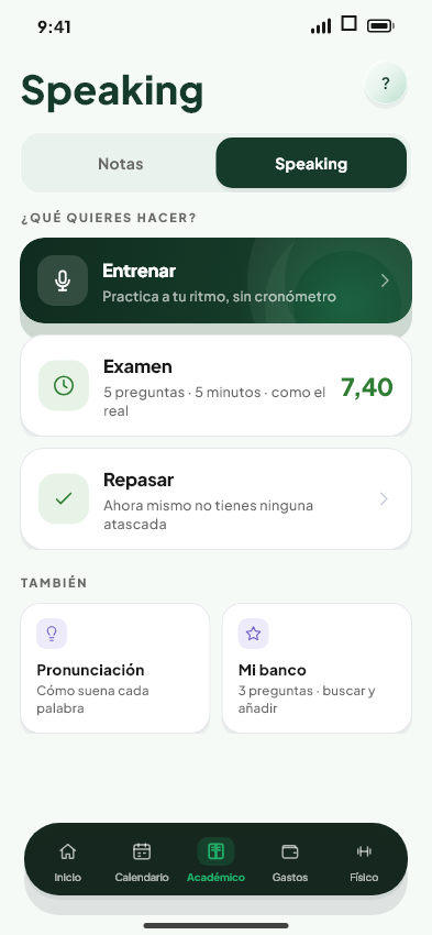 Pantalla principal del módulo Speaking de Valdeza